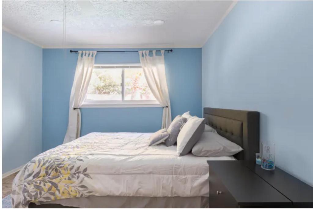 a blue bedroom with a bed and a window at Cozy Room with a Pool in Houston