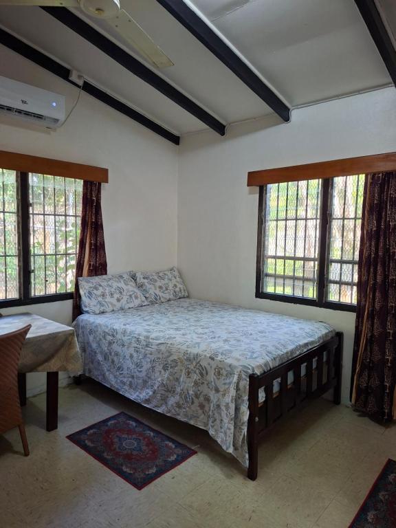 a bedroom with a bed and two windows at Stay with Sheena - Homestay Experience in Nadi