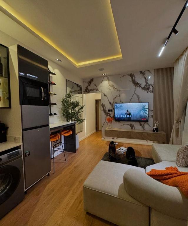 a living room with a couch and a tv on a wall at Cyril O Apartment in Lagos