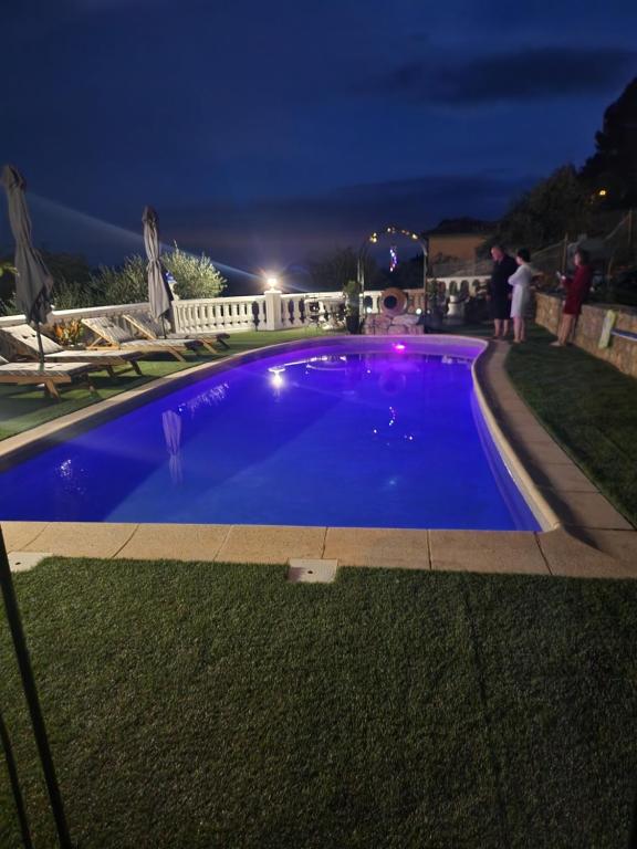 a large blue swimming pool in a yard at night at Chambre d hote in Le Tignet