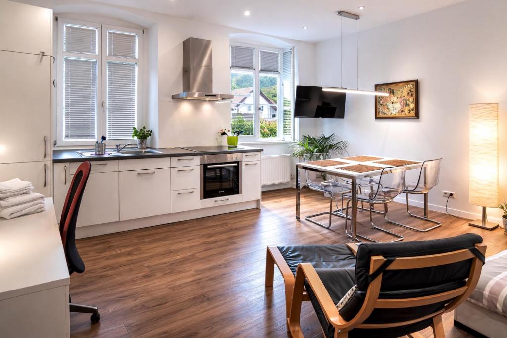 a kitchen and living room with a table and chairs at Das Zollhaus Studio Newton nahe der Schweiz in Klettgau in Klettgau