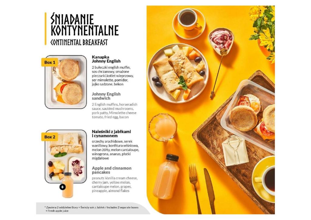 Continental breakfast menu with English muffins, apple-cinnamon pancakes, coffee and bottled juice.