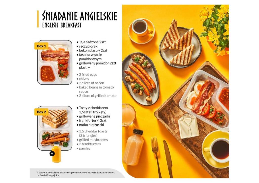 English breakfast menu featuring fried eggs, bacon, grilled toast, sausages and orange juice.