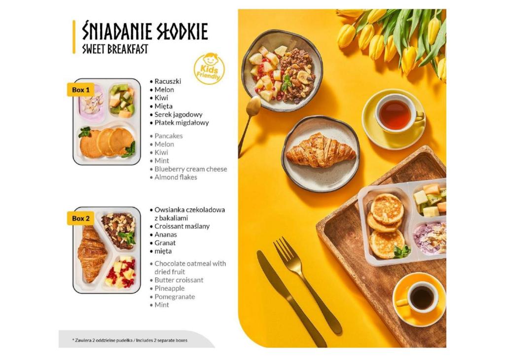 Sweet breakfast menu graphic with pancakes, croissant, porridge bowl, tea and divided boxes.