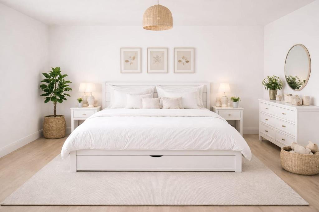 a white bedroom with a white bed and a white dresser at Ali House in Lahore