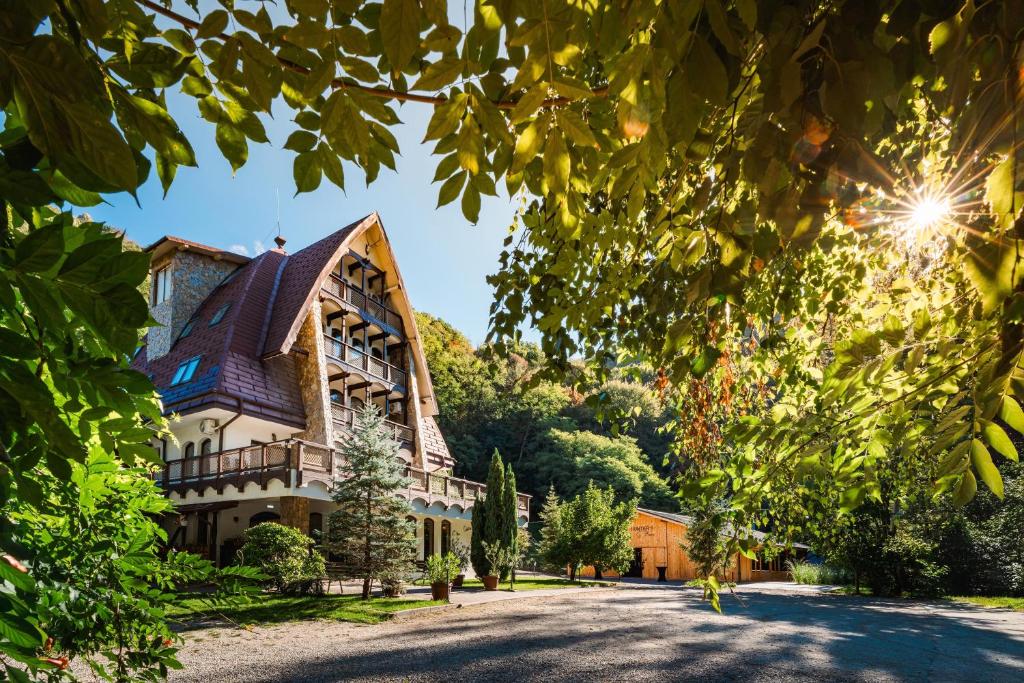 a large house with a gambrel roof at Pension Casa Vanatorilor in Băile Olăneşti
