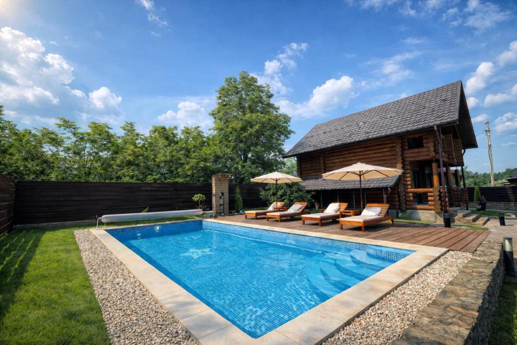 a pool in the backyard of a house with a cabin at Wild River in Neporotovo