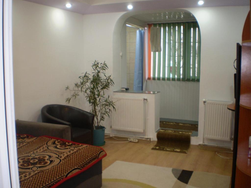 a living room with a couch and a plant in it at apartament MIHAI in Mangalia