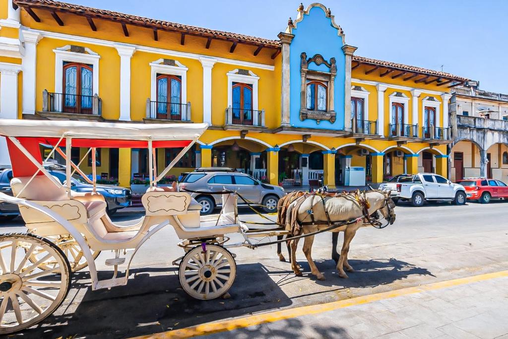 a horse drawn carriage in front of a building at Socialtel Granada in Granada
