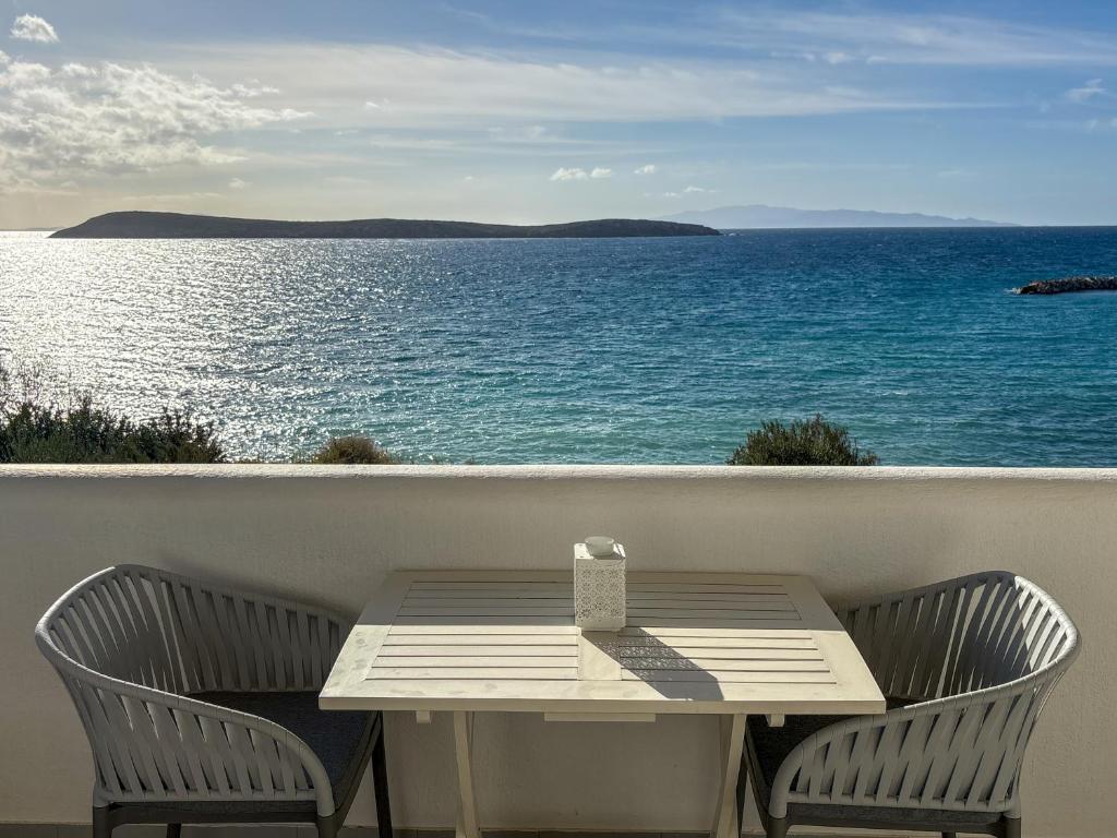a table and chairs on a balcony with the ocean at Kleanthi Apartments in Drios