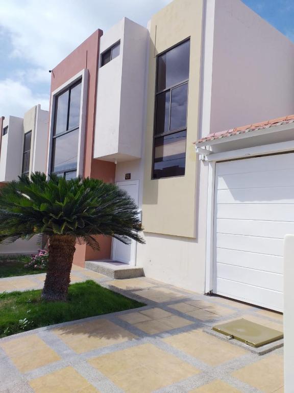a white house with a garage and a palm tree at Urbanization Maratea in Manta