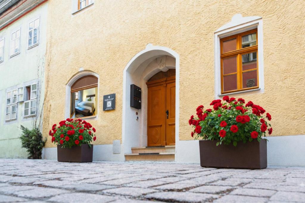 a building with two potted flowers in front of a door at Die Meissen Lodge in Meißen