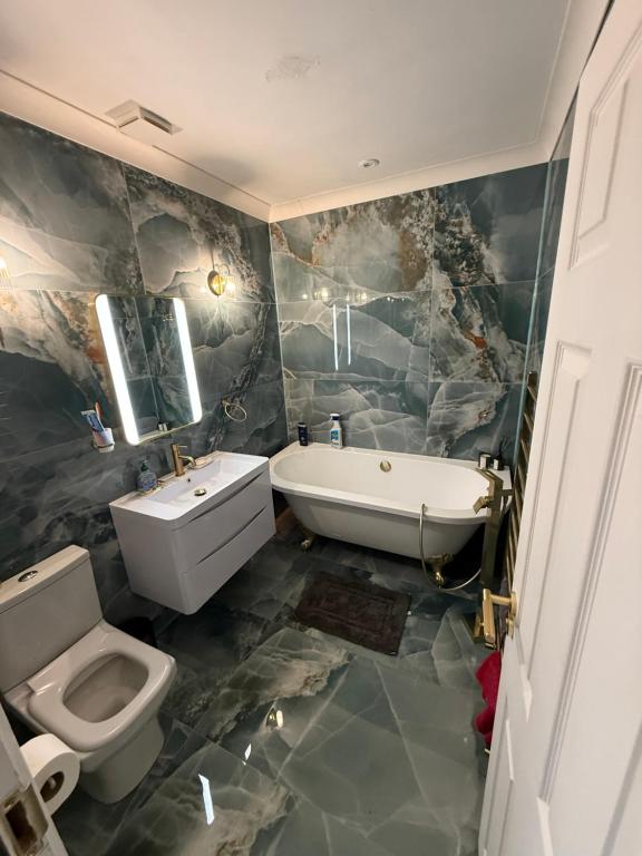 a bathroom with a toilet and a tub and a sink at North Birmingham in Holly Lane