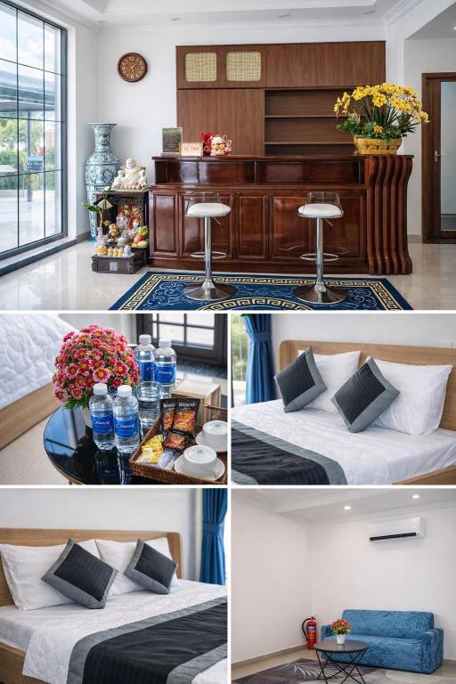 a collage of pictures of a hotel room with two beds at Khách Sạn The Sum in Tây Ninh