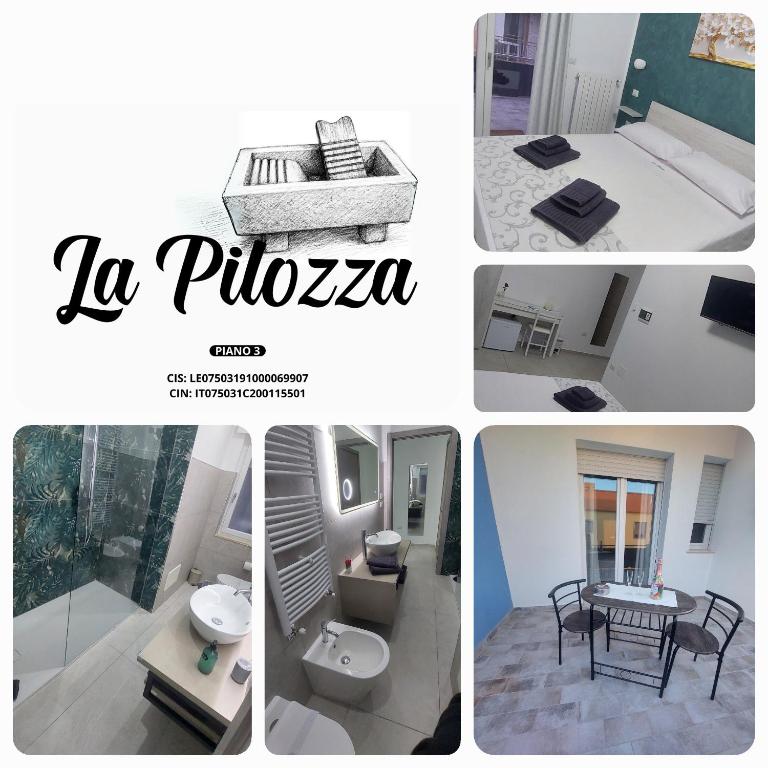 a collage of four pictures of a bathroom at La Pilozza Guest Rooms in Gallipoli
