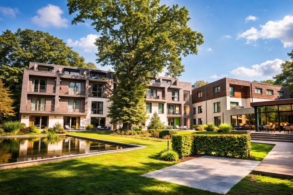 an exterior view of a building with a pond at Utopia Hotel - Art & Nature Hotel in Mons
