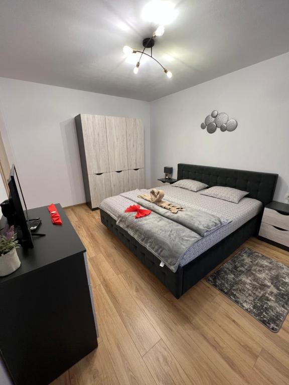 a bedroom with a bed with a cat laying on it at Emanuela Apartments in Pecica Veche