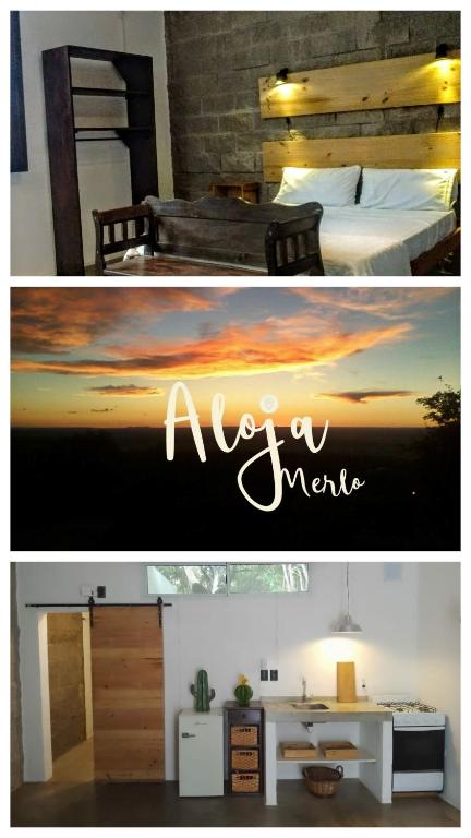 a bedroom with a desk and a bed with a sunset at Aloja Merlo - Conectá con la naturaleza in Merlo