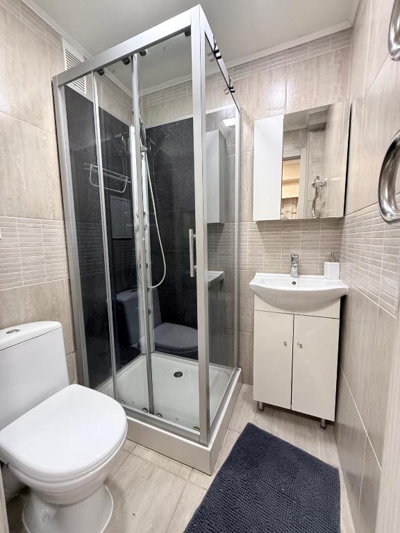 a bathroom with a shower and a toilet and a sink at G2 Apartments in Rēzekne