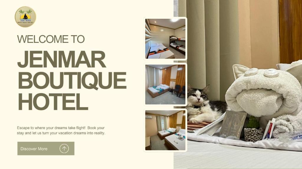 a collage of pictures of a cat laying on a bed at JenMar Boutique Hotel in Puerto Galera