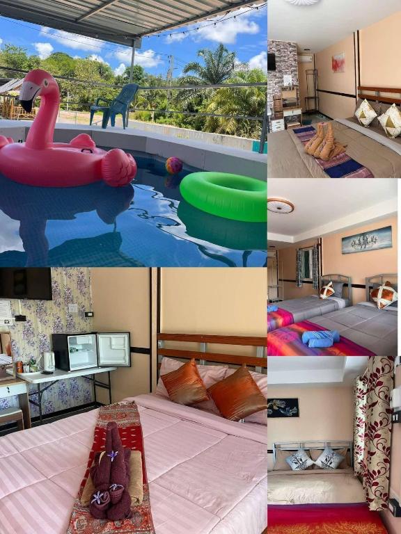 a collage of photos of a bedroom and a pool at สมหวัง โฮมสเตย์ in Ban Khuan Suan