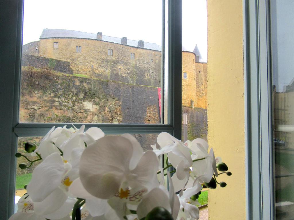 a vase with white flowers in front of a window at Vue magnifique sur le Château fort, dans le centre historique in Sedan