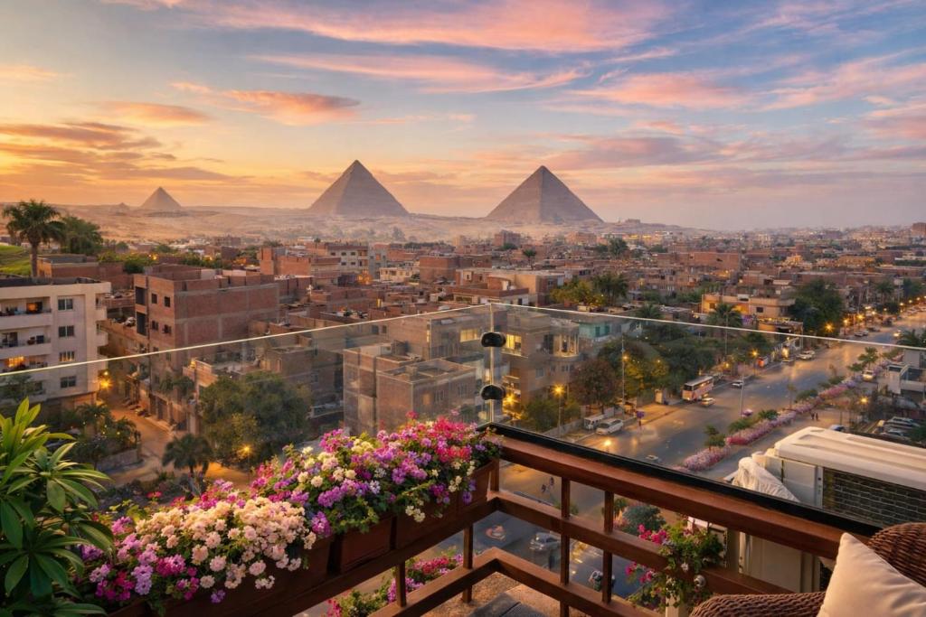 a view of the pyramids from the balcony of a building at The Nomad Pyramids Boutique Hotel in Cairo