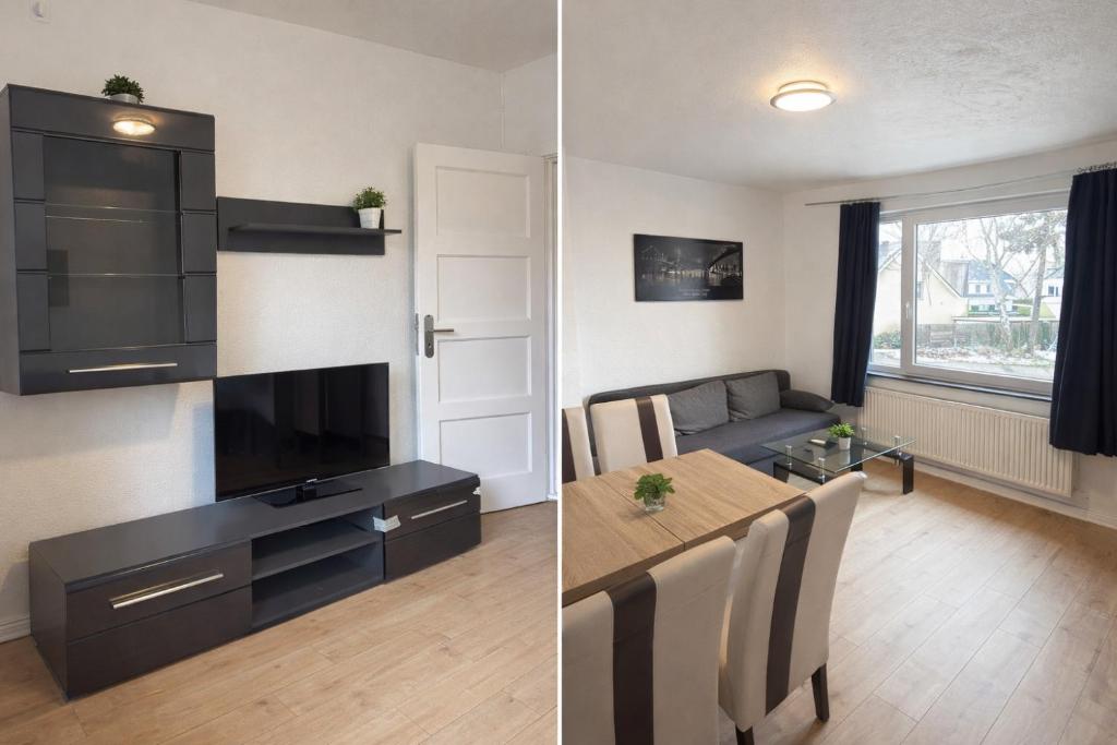 a living room and a living room with a table and a television at Quartier An der Rennbahn in Bremen