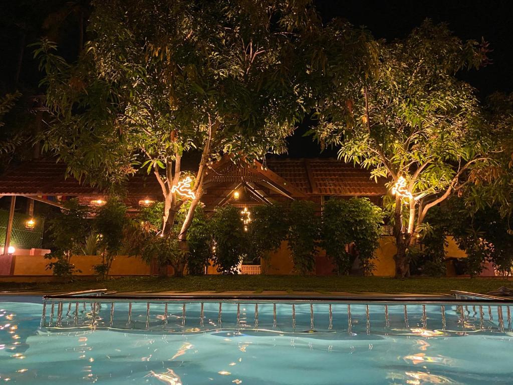 a swimming pool at night with trees and lights at Ponyo Stays in Cochin