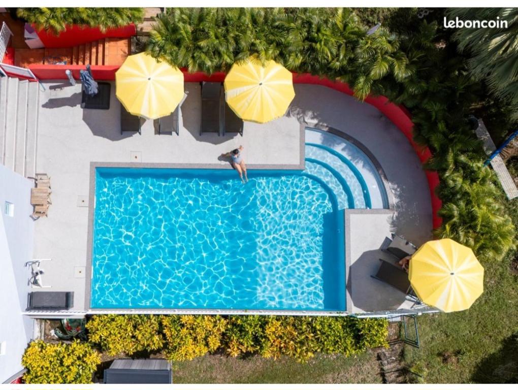 an overhead view of a swimming pool with two yellow umbrellas at COCON DES ANTILLES in Le Vauclin