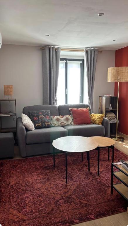 a living room with a couch and a table at Agréable Appartement Centre B in Bourges