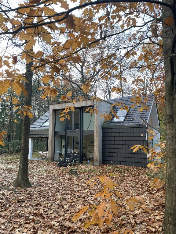 a house in the woods with leaves on the ground at Villa Hogerop in Bennekom