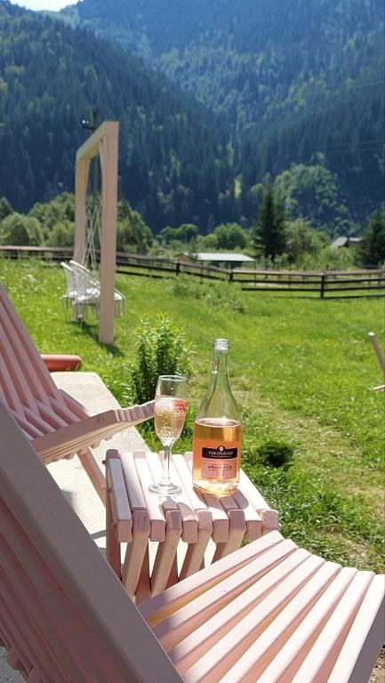 a glass of wine sitting on a wooden bench at Pink House Karpaty in Krivorovnya
