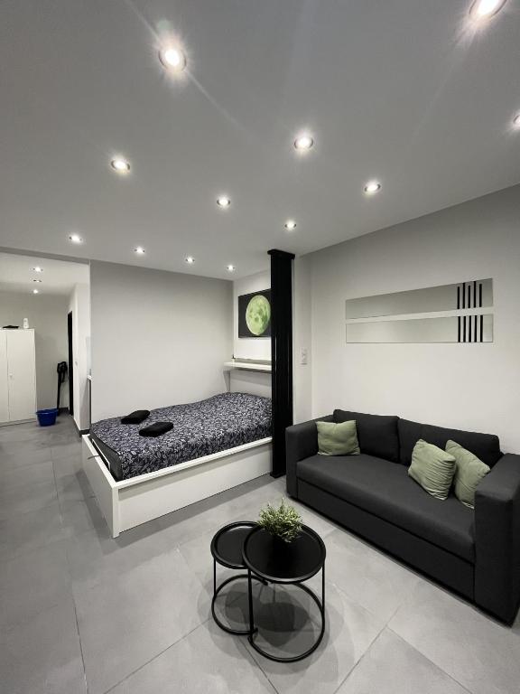 a living room with a couch and a bed at MoonGreen - EuroAirport - Basel - HighQuality in Saint-Louis