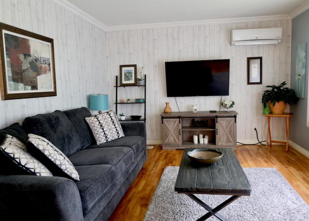 a living room with a couch and a flat screen tv at Cute and cozy 3 bedroom apartment centrally located in Moncton
