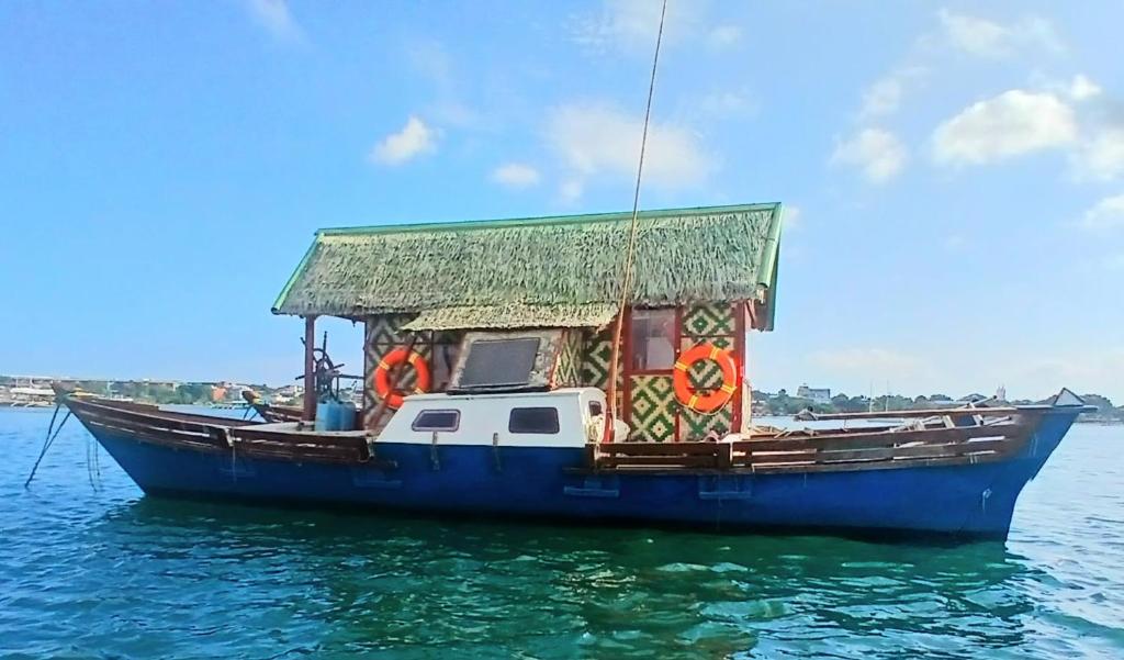 a blue boat with a building on the water at Check beth in Puerto Princesa City