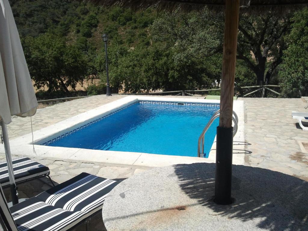 a swimming pool with a chair and an umbrella at Rancho Calvillo in Prado del Rey