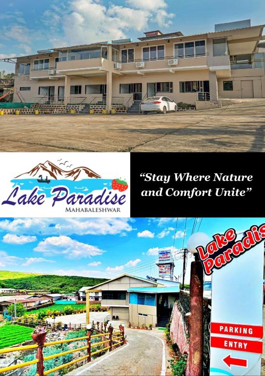 a collage of three pictures of a building at Hotel Lake Paradise Mahabaleshwar in Mahabaleshwar