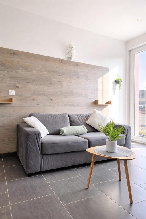 a living room with a gray couch and a table at studio tout équipé, calme avec terrasse et parking in Audincourt