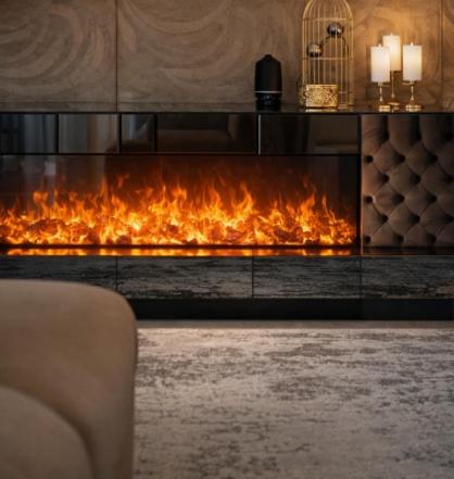 a fire fireplace in a living room with a couch at Modern Royal Suite in Hirschaid