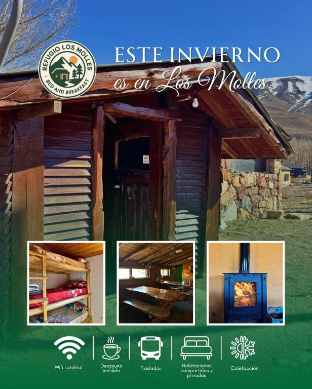 a collage of pictures of a log cabin at Refugio Los Molles hostal in Las Lenas