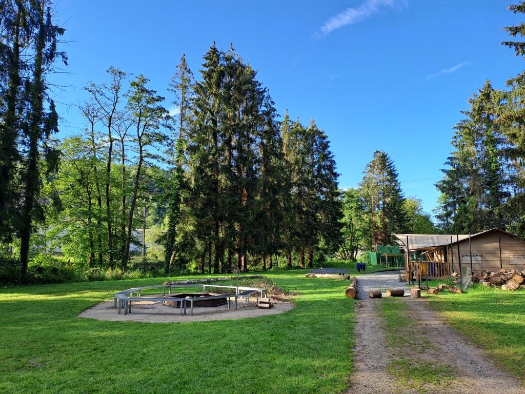 a park with a picnic table and a building at Camping Les Pommiers in Comblain-au-Pont