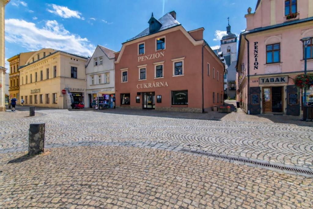 a cobblestone street in a city with buildings at Nefrit Garni & Bar in Česká Kamenice