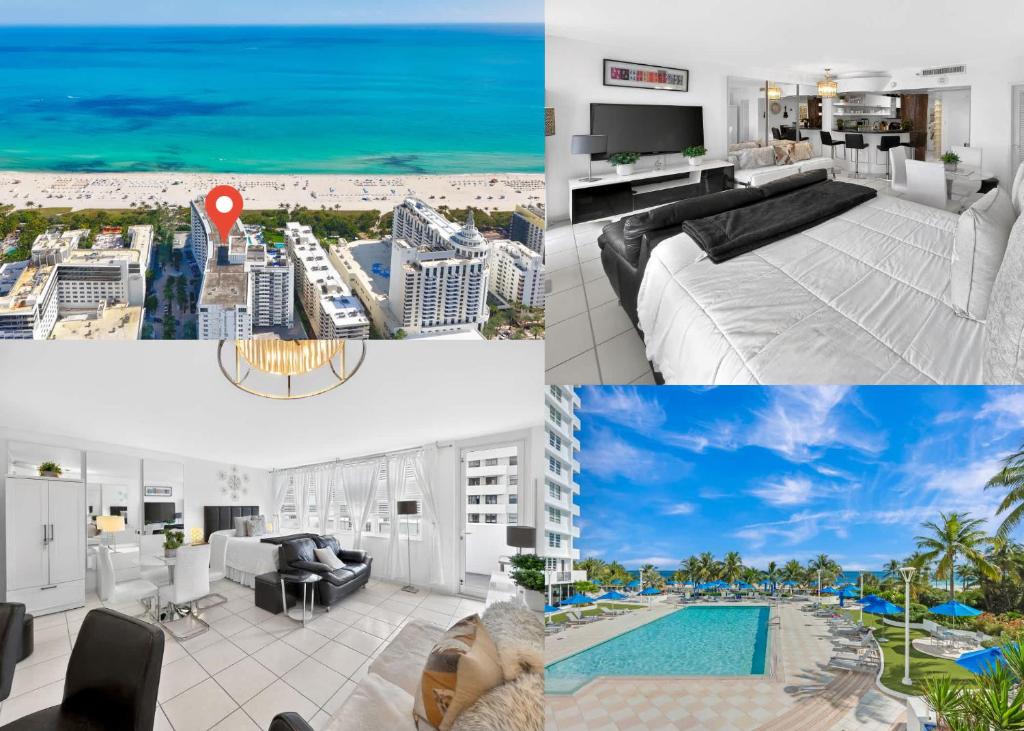 a collage of photos with a hotel room and a resort at Miami Beach Studio with shared Heated Pool & Gym in Miami Beach