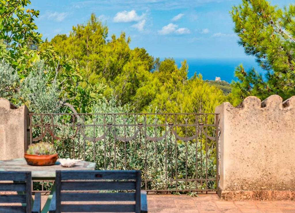 a patio with a table and chairs and a fence at Sóller Es Cocó in La Figuera