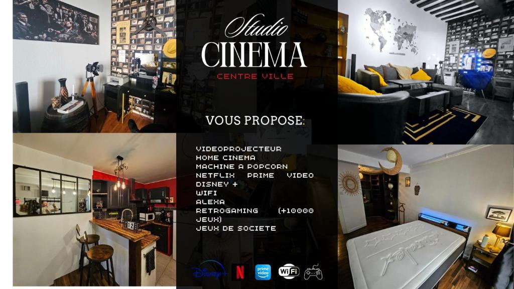 a collage of photos of a living room and a room with a room at Studio Cinéma -Hypercentre- Spacieux, calme et connecté in Auxerre