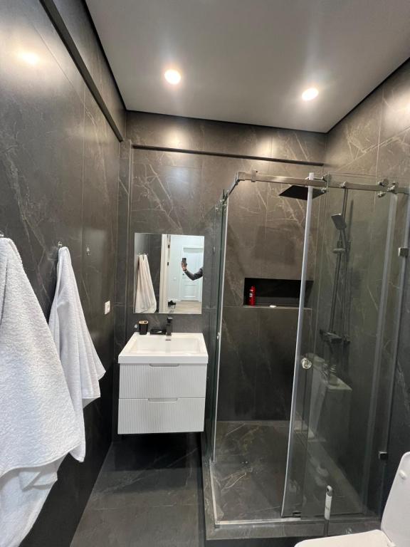 un bagno con doccia e lavandino di STA Apartment a Bishkek