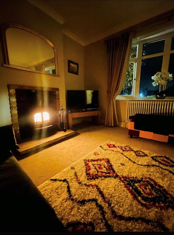 a living room with a fireplace and a television at Bridge View Cottage in Cawood