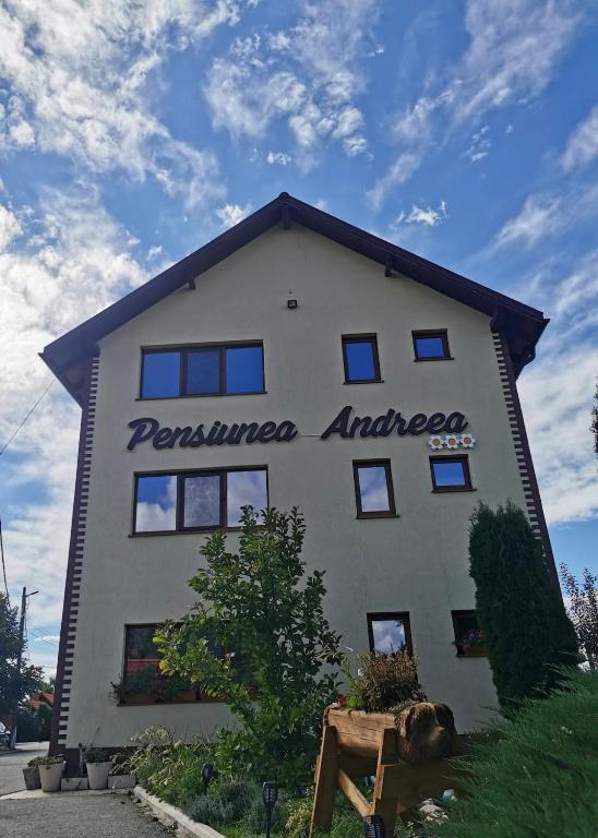 a building with a sign on the side of it at Pensiunea Andreea in Baia de Fier