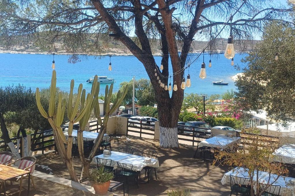 a restaurant with tables and a tree and the water at Teras Motel 12 Adults Only in Foça
